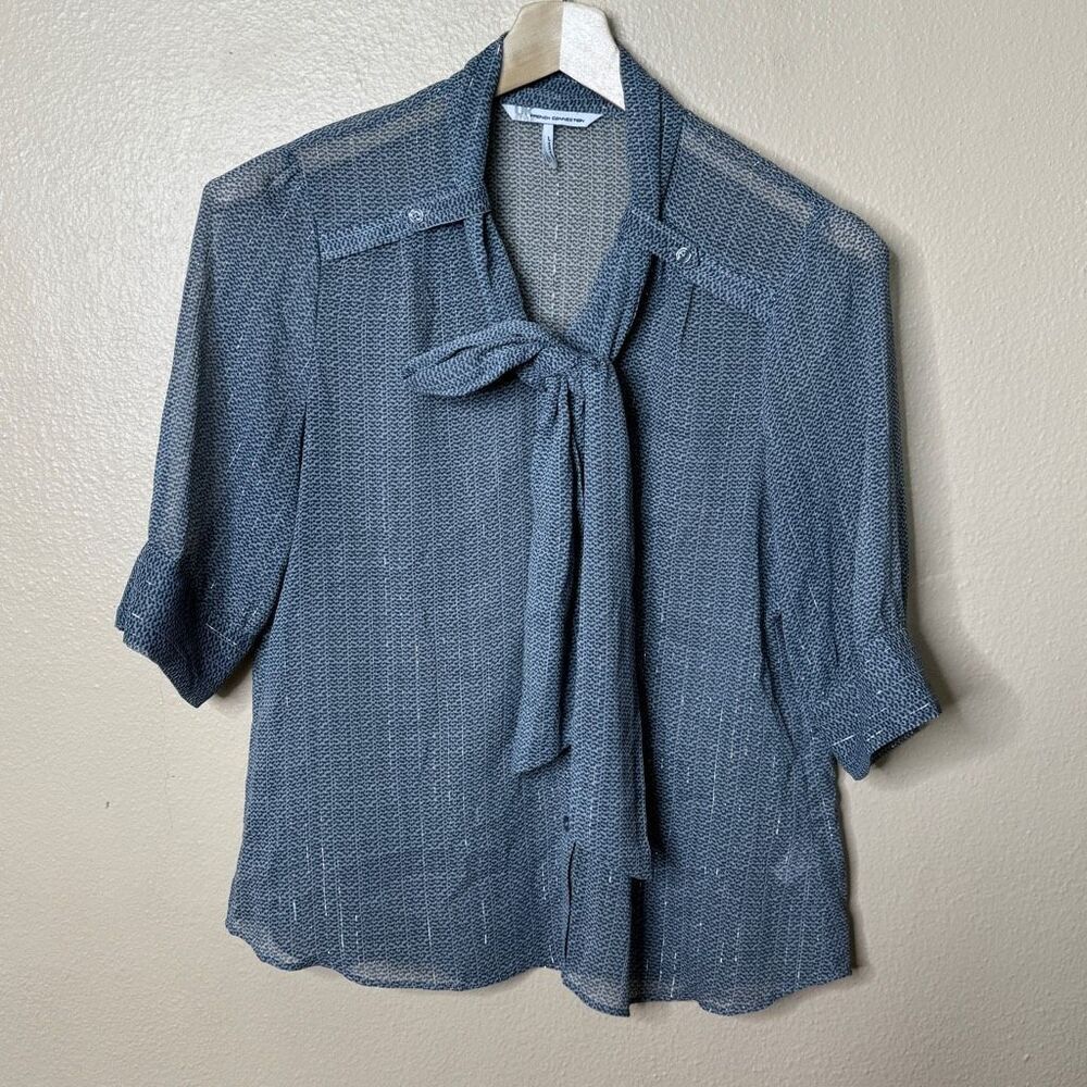 French Connection Shirt Women's Large Gray Spotted Sheer Blouse Short Sleeve